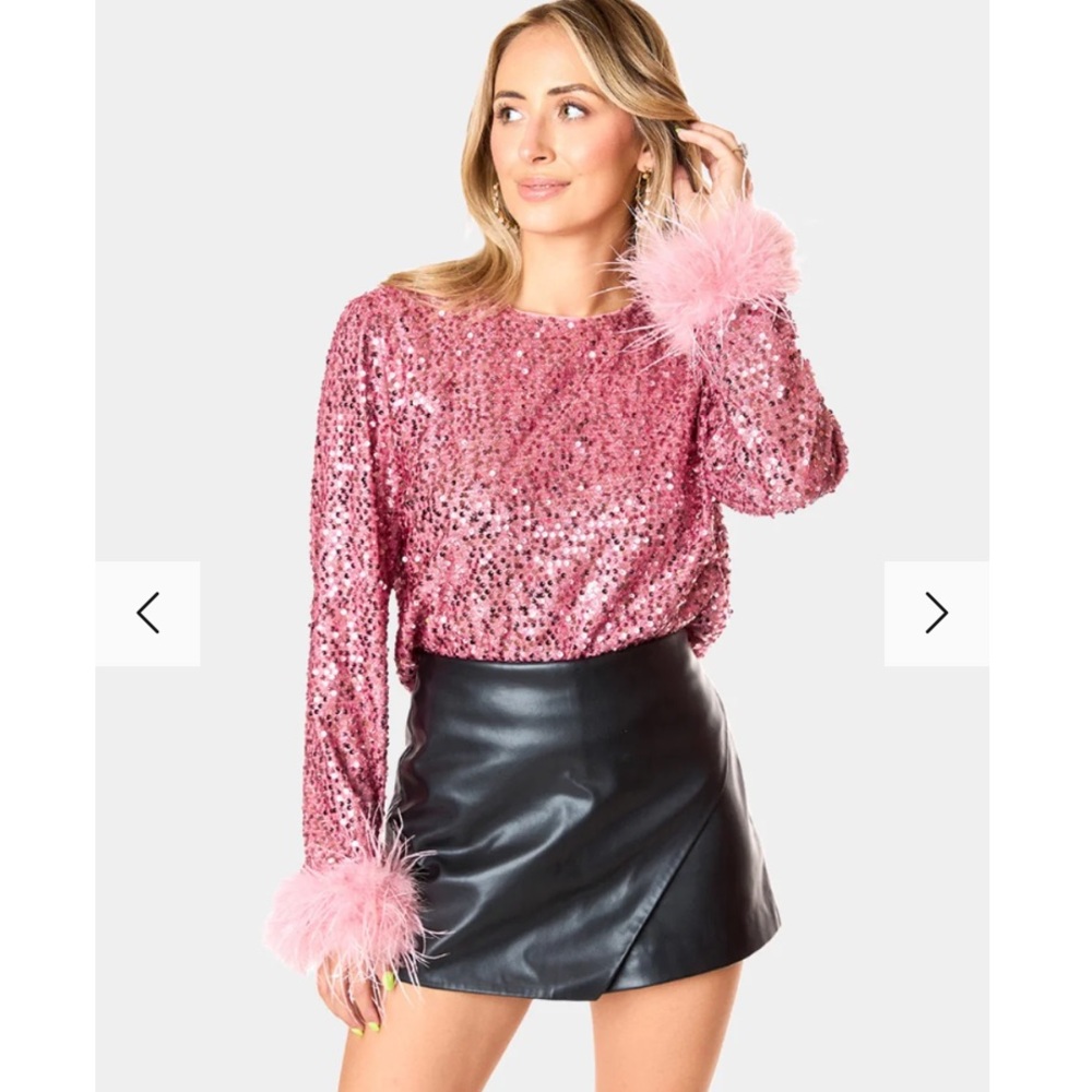 Buddy Love Parton Sequin Top Feather Cuffs Pink Size XS NWTS